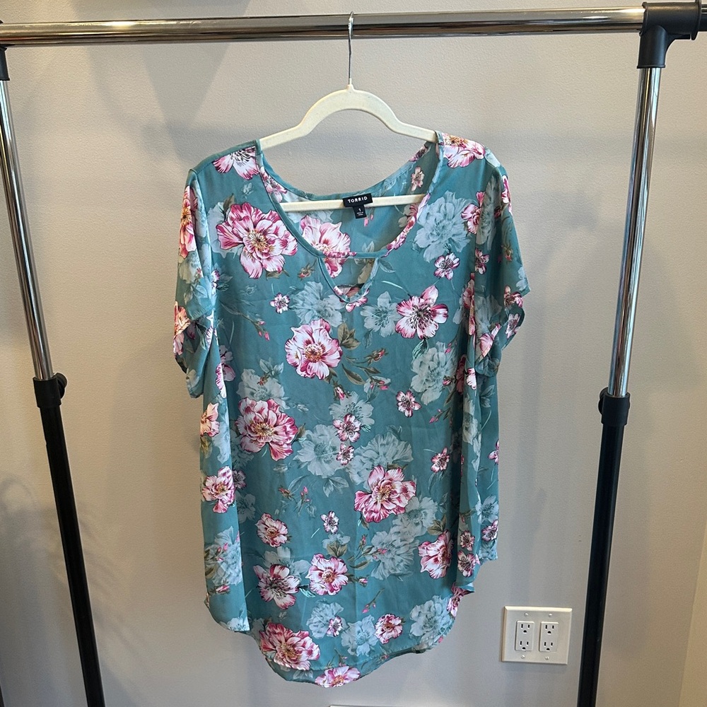 Torrid Floral Blouse - Teal and Pink